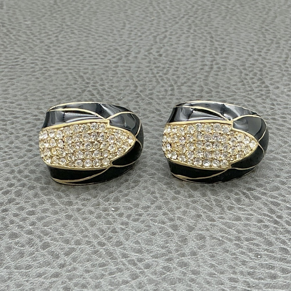 Ciner Earrings Black Enamel Rhinestone Oval Huggie Clip On Womens Gold Tone 1"